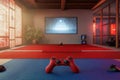 Modern gaming room with red and blue mats showcasing consoles and a large screen Royalty Free Stock Photo