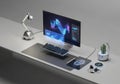 Modern gaming setup featuring a sleek computer and accessories on a desk Royalty Free Stock Photo
