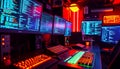 Modern gaming setup with monitors, immersive gaming station, Stock Photo, Generative AI