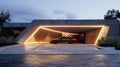Modern garage exterior, car inside futuristic concrete construction, house and parking in future at dusk. Theme of neon light,