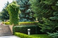 Modern garden design with box trees bushes and plants near the path. Landscaping and design concept Royalty Free Stock Photo
