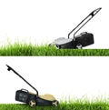 Modern garden lawn mowers cutting green grass, white background