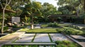 A modern garden with a series of intersecting rectangles creating a dynamic and structured layout