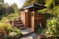 modern garden shed with solar panels, rainwater harvesting system and composting toilet