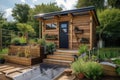 modern garden shed with solar panels, rainwater harvesting system and composting toilet