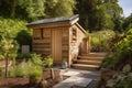 modern garden shed with solar panels, rainwater harvesting system and composting toilet