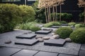 modern garden with sleek, minimalist design, featuring metal pathways and black stepping stones