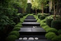 modern garden with sleek, minimalist design, featuring metal pathways and black stepping stones Royalty Free Stock Photo