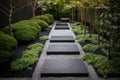 modern garden with sleek, minimalist design, featuring metal pathways and black stepping stones
