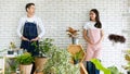 Modern gardeners stand smile at each other. Behind white brick wall. Surround decorative plants in house. Space to put letters.