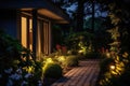 Modern gardening landscaping design details. Illuminated pathway in front of residential house. Landscape garden with Royalty Free Stock Photo