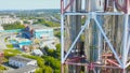 Modern Gas refinery factory complex. Stock. Oil production power plant. Metal tanks. Aerial drone close flight around Royalty Free Stock Photo