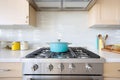 modern gas stove in a bright kitchen with stainless steel pots Royalty Free Stock Photo