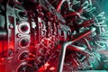 A modern gas turbine aircraft engine in a futuristic red-green light Royalty Free Stock Photo