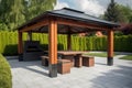 A modern gazebo with a barbecue area for relaxation. Generative AI