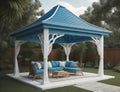 modern gazebo design in blue and equipped with sitting chairs and a table