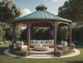 modern gazebo design with green color and equipped with sitting chairs and table