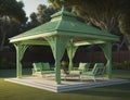 modern gazebo design with green color and equipped with sitting chairs and table