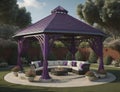 modern gazebo design with purple color and equipped with sitting chairs and table