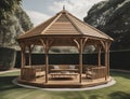 modern gazebo design with a round shape and equipped with sitting chairs and a table