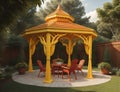 modern gazebo design in yellow and equipped with sitting chairs and a table