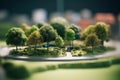 modern generic contemporary style miniature model of glass and trees of a landscaped park with tilt-shift focus technique - mixed