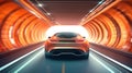 Modern generic electric vehicle drives on tunnel bridge. 3D illustration Generative AI