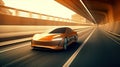 Modern generic electric vehicle drives on tunnel bridge. 3D illustration Generative AI