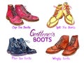 Modern gentlemen`s boots colection: cap toe, split toe, plain toe and wingtip