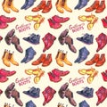 Modern gentlemen`s boots collection with inscription, seamless pattern on soft yellow background