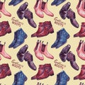 Modern gentlemen`s boots collection, seamless pattern on soft yellow background