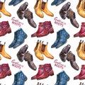 Modern gentlemen`s boots collection seamless pattern on white background