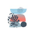 Modern geo layout: geometric natural rounded shapes, grunge tropical leaf, grain texture in 80s, 90s minimal flat style