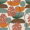 Modern geo seamless pattern with geometric natural shapes, tropical leaves, grain grunge texture in 80s, 90s minimal flat style