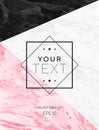 Modern geometric cover designs with triangles, shapes and marble texture. Grey, black and pink background. Template for card, flye