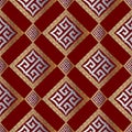 Modern geometric greek key seamless pattern. Abstract red background wallpaper with gold silver 3d geometrical Royalty Free Stock Photo