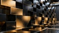 A modern geometric wall design featuring interlocking metallic cubes with a reflective textured surface illuminated by warm Royalty Free Stock Photo
