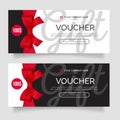 modern gift voucher set with realistic red ribbon vector illustration Royalty Free Stock Photo