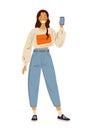 Modern girl with phone icon. Smiling student teenager in jeans shows the phone. Flat cartoon vector character with