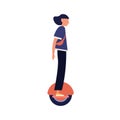 Modern girl riding electric unicycle, monocycle, mono wheel. Trendy young woman on eco friendly personal urban vehicle Royalty Free Stock Photo