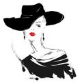 Modern girl, sketch, red lips, white background, fashionable hairstyle