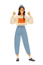 Modern girl student shows like. A happy woman in jeans expresses agreement and support. Flat vector illustration.