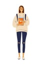 Modern girl student standing with backpack and books. Flat vector female character in hoodie and fashion jeans. Back to