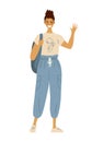 Modern girl student standing with backpack and books. Flat vector female character in hoodie and fashion jeans. Back to school.