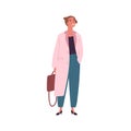 Modern girl in trendy outfit holding briefcase vector flat illustration. Smiling young businesswoman standing put hand