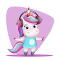 Modern girl unicorn headphones listen music isolated 3d cute cartoon design vector children Illustration Royalty Free Stock Photo