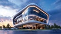 Modern Glass Building with Curving Facade at Sunset Royalty Free Stock Photo