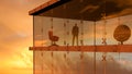 A modern glass building with a man looking the sunset