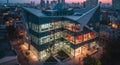 Modern glass building with a unique geometric design, featuring angular roofs and
