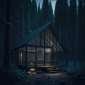 Modern Glass Cabin House Exterior, Large Windows, Deep Mountain Woods, Soft Warm Light From Windows, Night, Generative Ai Royalty Free Stock Photo
